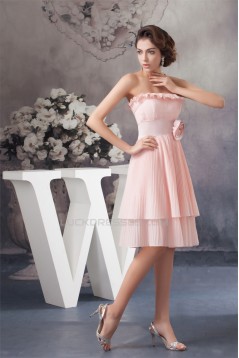 A-Line Handmade Flowers Chiffon Strapless Short Bridesmaid Dresses 02010410