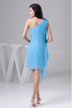 Handmade Flowers Ruffled Chiffon Short Blue Bridesmaid Dresses 02010412
