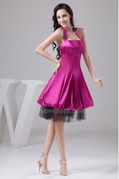 A-Line Sleeveless Silk like Satin Fine Netting Short Bridesmaid Dresses 02010429