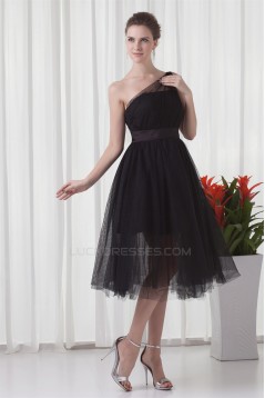 Charming Elastic Woven Satin Netting Sleeveless Short Black One-Shoulder Bridesmaid Dresses 02010468