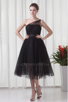 Charming Elastic Woven Satin Netting Sleeveless Short Black One-Shoulder Bridesmaid Dresses 02010468