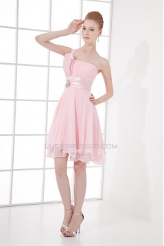 Knee-Length One-Shoulder Sleeveless Pleats Short Pink Bridesmaid Dresses 02010492