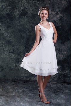 A-Line V-Neck Knee-Length Ruffles Short White Bridesmaid Dresses 02010507