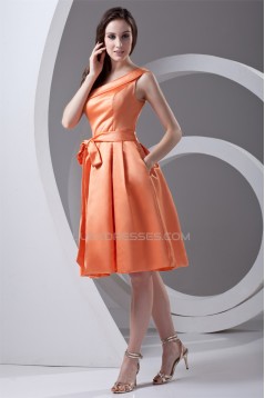 A-Line Knee-Length One-Shoulder Sleeveless Satin Short Bridesmaid Dresses 02010510
