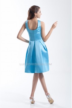 Satin Handmade Flowers Sleeveless Sheath/Column Short Blue Bridesmaid Dresses 02010511