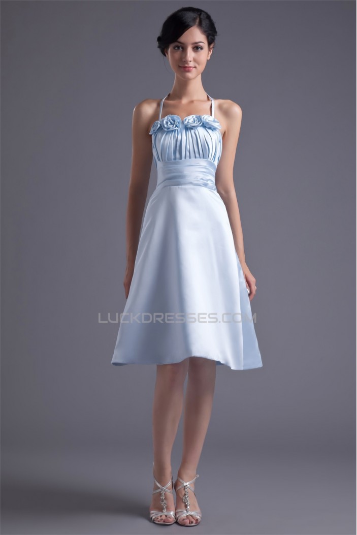 Satin Pleats Knee-Length Sleeveless Halter Bridesmaid Dresses 02010514