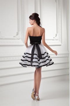 Short/Mini A-Line Satin Organza Handmade Flowers Black White Bridesmaid Dresses 02010517