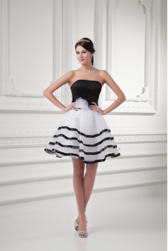 Short/Mini A-Line Satin Organza Handmade Flowers Black White Bridesmaid Dresses 02010517