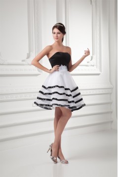 Short/Mini A-Line Satin Organza Handmade Flowers Black White Bridesmaid Dresses 02010517
