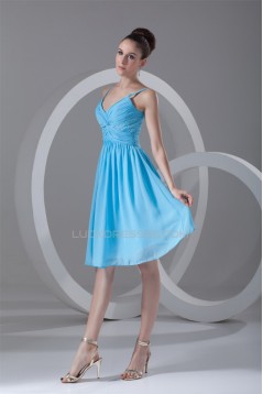 A-Line Spaghetti Straps Beaded Short Blue Chiffon Bridesmaid Dresses 02010535