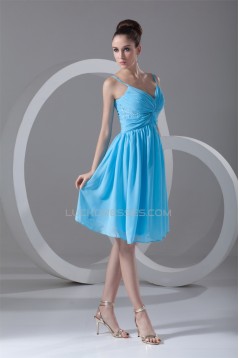 A-Line Spaghetti Straps Beaded Short Blue Chiffon Bridesmaid Dresses 02010535