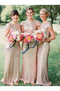 Sheath Cap-Sleeve Sequins Long Bridesmaid Dresses 3010007