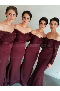 Long Sleeves Off-the-Shoulder Lace Purple Mermaid Wedding Party Dresses Bridesmaid Dresses 3010030