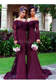 Long Sleeves Off-the-Shoulder Lace Purple Mermaid Wedding Party Dresses Bridesmaid Dresses 3010030