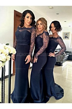 Long Sleeves Navy Blue Lace Mermaid Wedding Party Dresses Bridesmaid Dresses 3010035