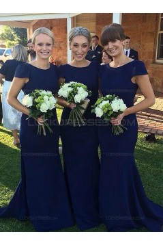 Trumpet/Mermaid Cap-Sleeves Long Blue Wedding Party Dresses Bridesmaid Dresses 3010043