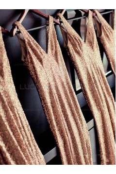Trumpet/Mermaid V-Neck Straps Sequins Gold Long Wedding Party Dresses Bridesmaid Dresses 3010084