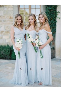A Line Ruched Chiffon Pale Light Blue Bridesmaid Gowns Off the Shoulder Sweetheart Neckline Floor Length 3010098