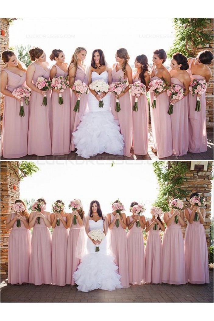 Pink One-Shoulder Floor-Length Chiffon Wedding Guest Dresses Bridesmaid Dresses 3010123