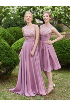 A-Line Lace Chiffon Illusion Neckline Long Wedding Guest Dresses Bridesmaid Dresses 3010219
