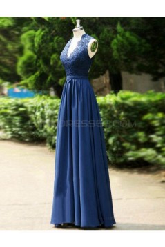 A-Line V-Neck Lace Chiffon Long Blue Open Back Wedding Guest Dresses Bridesmaid Dresses 3010225
