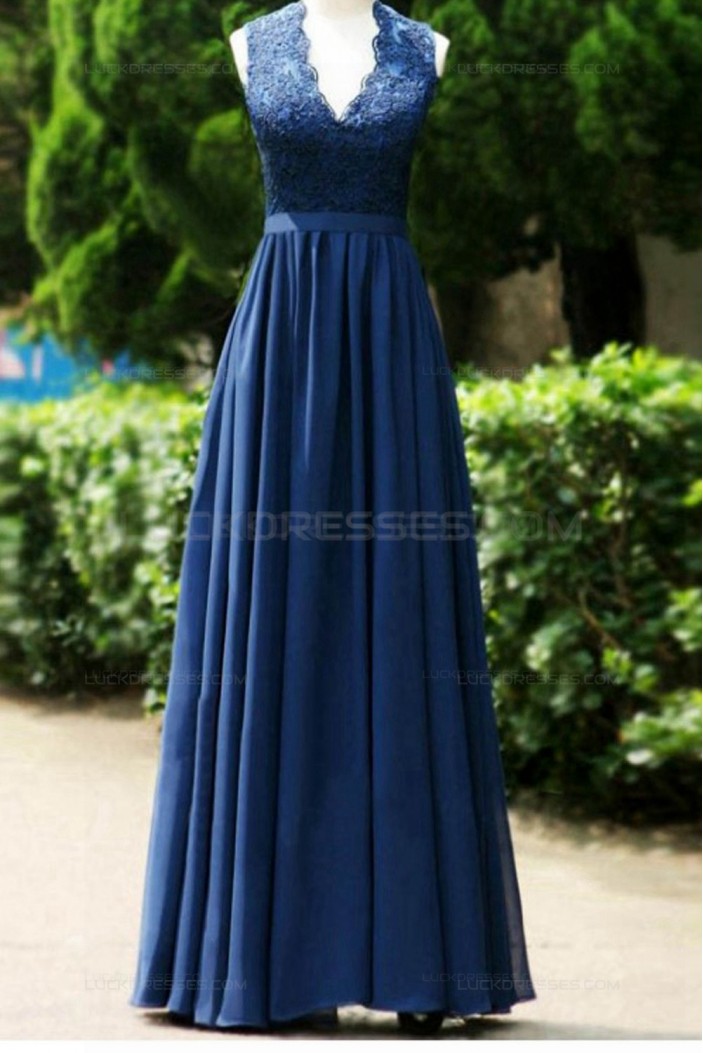 A-Line V-Neck Lace Chiffon Long Blue Open Back Wedding Guest Dresses Bridesmaid Dresses 3010225
