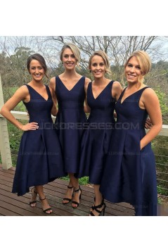 High Low V-Neck Navy Wedding Guest Dresses Bridesmaid Dresses 3010231