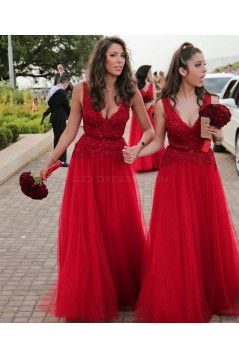 Long Red V-Neck Lace Wedding Guest Dresses Bridesmaid Dresses 3010253