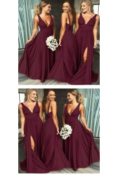 A-Line Floor Length V-Neck Long Bridesmaid Dresses with Slit 3010275