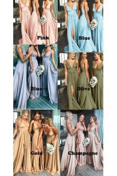 A-Line Floor Length V-Neck Long Bridesmaid Dresses with Slit 3010276