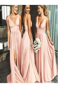 A-Line Floor Length V-Neck Long Pink Bridesmaid Dresses with Slit 3010277