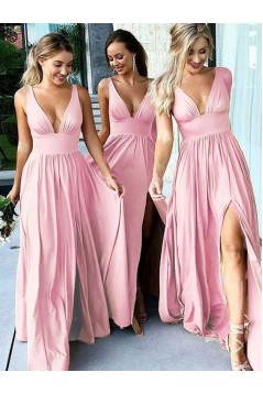 A-Line Floor Length V-Neck Long Pink Bridesmaid Dresses with Slit 3010277