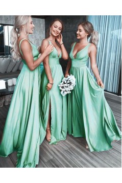 A-Line Floor Length V-Neck Long Bridesmaid Dresses with Slit 3010279
