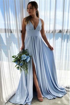 A-Line Floor Length V-Neck Long Bridesmaid Dresses with Slit 3010282