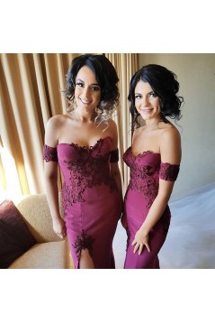 Mermaid Off-the-Shoulder Lace Long Bridesmaid Dresses with Slit 3010285