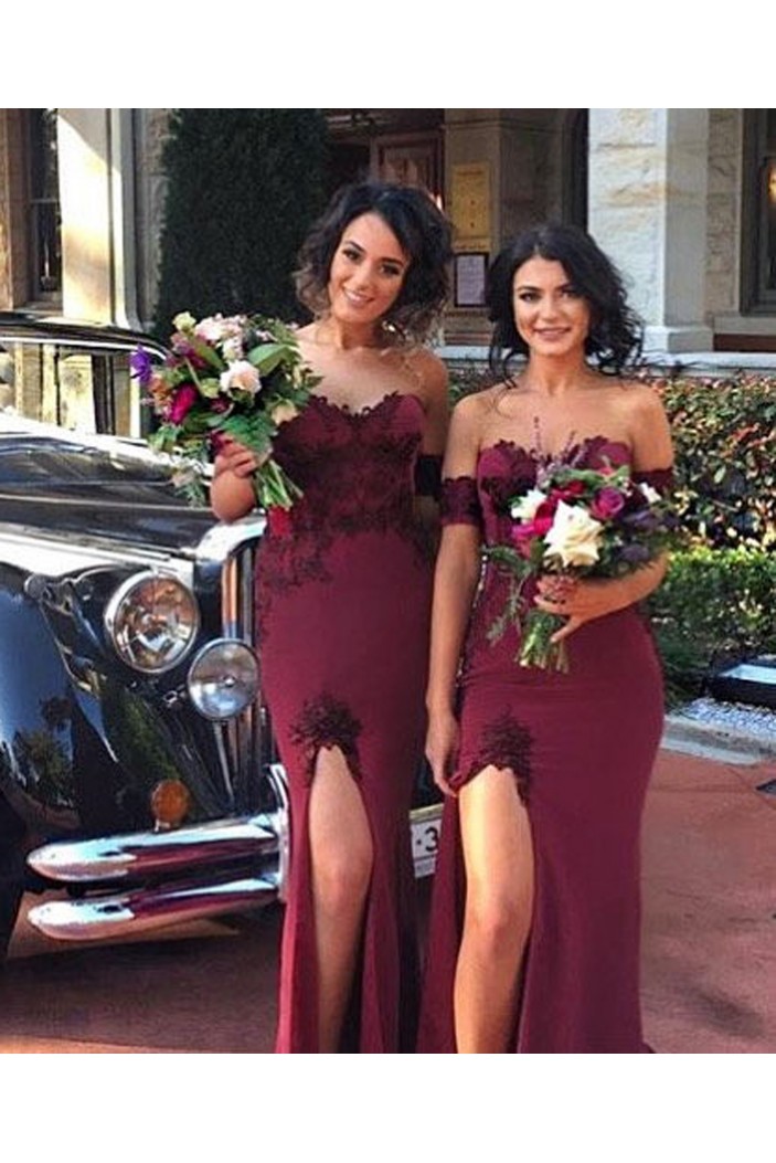 Mermaid Off-the-Shoulder Lace Long Bridesmaid Dresses with Slit 3010285