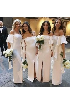 Long White Off-the-Shoulder Bridesmaid Dresses with Slit 3010286