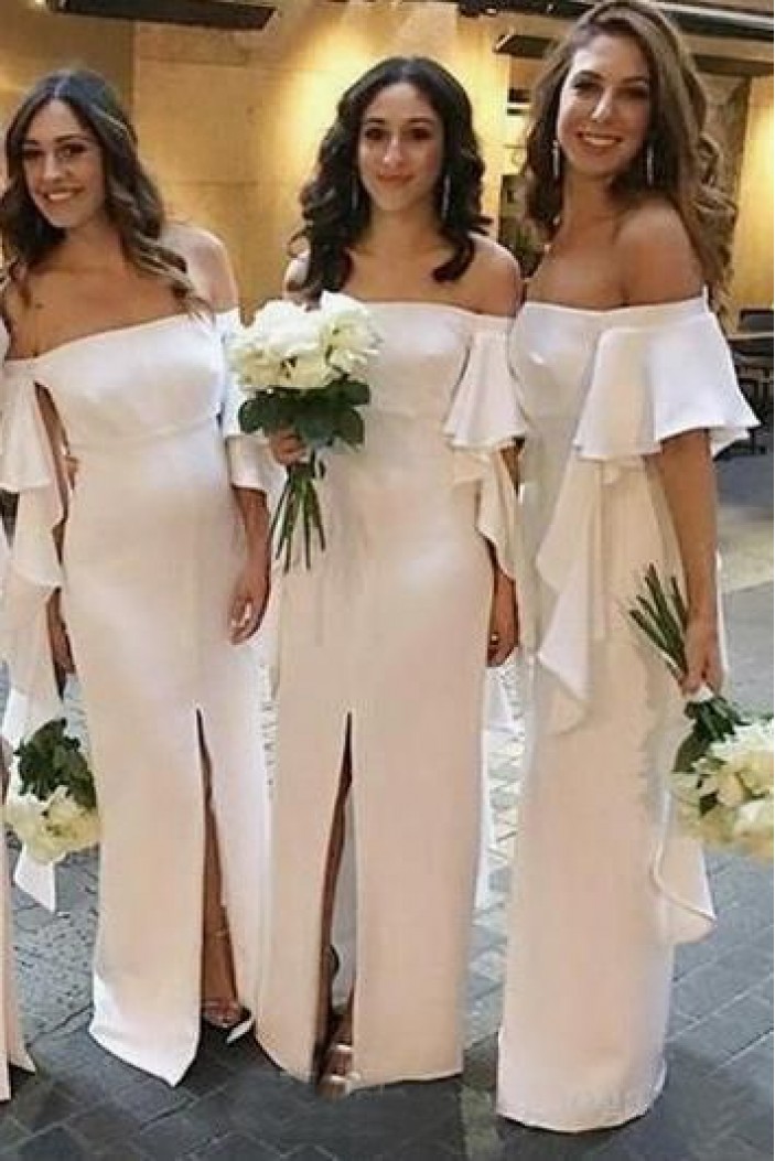 Long White Off-the-Shoulder Bridesmaid Dresses with Slit 3010286