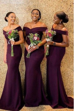 Elegant Mermaid Off-the-Shoulder Long Grape Bridesmaid Dresses 3010296