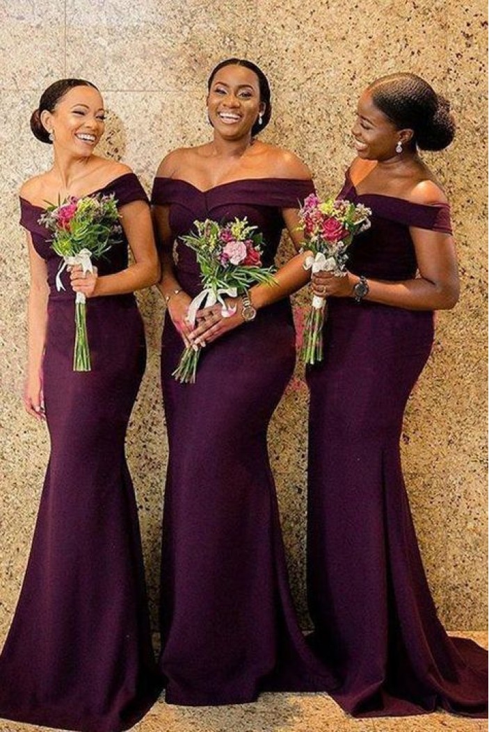 Elegant Mermaid Off-the-Shoulder Long Grape Bridesmaid Dresses 3010296