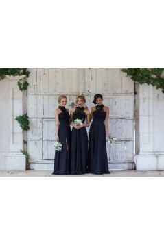 A-Line Lace Navy Blue Long Bridesmaid Dresses 3010325