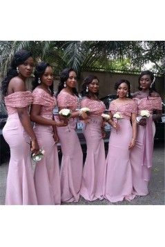 Mermaid Long Pink Lace Off-the-Shoulder Bridesmaid Dresses 3010333