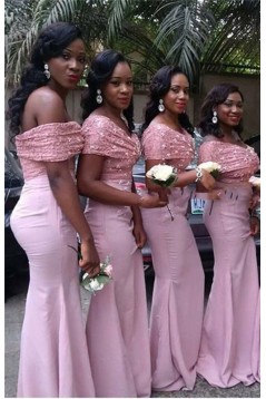 Mermaid Long Pink Lace Off-the-Shoulder Bridesmaid Dresses 3010333
