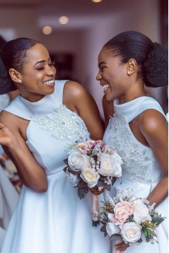 A-Line White Lace Bridesmaid Dresses 3010386