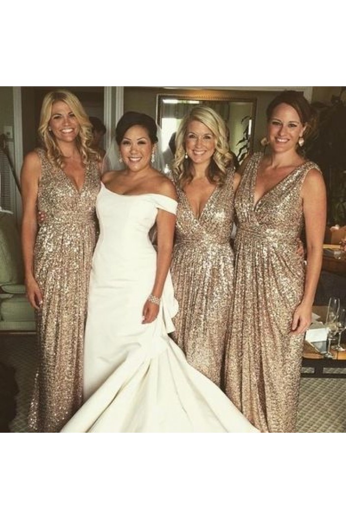 Sheath/Column Sequins V-Neck Floor Length Bridesmaid Dresses 3010470