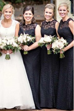 Long Black Lace Floor Length Bridesmaid Dresses 3010511