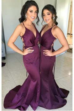 Mermaid Long Grape V-Neck Floor Length Bridesmaid Dresses 3010514