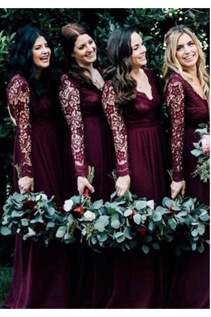 Long Sleeves Lace V-Neck Floor Length Bridesmaid Dresses 3010522