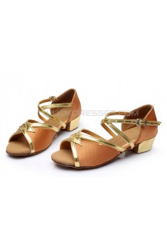 Women's Kids' Brown Satin Sandals Flats Latin Dance Shoes Chunky Heels Dance Shoes D601002