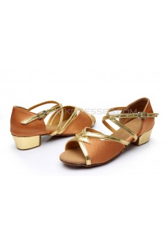 Women's Kids' Brown Satin Sandals Flats Latin Dance Shoes Chunky Heels Dance Shoes D601002